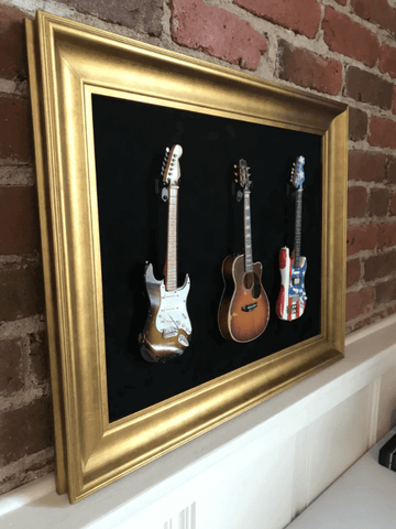 Guitar Display Frame - Black Suede - Warm Gold Leafing 2 1/4” Wood Frame